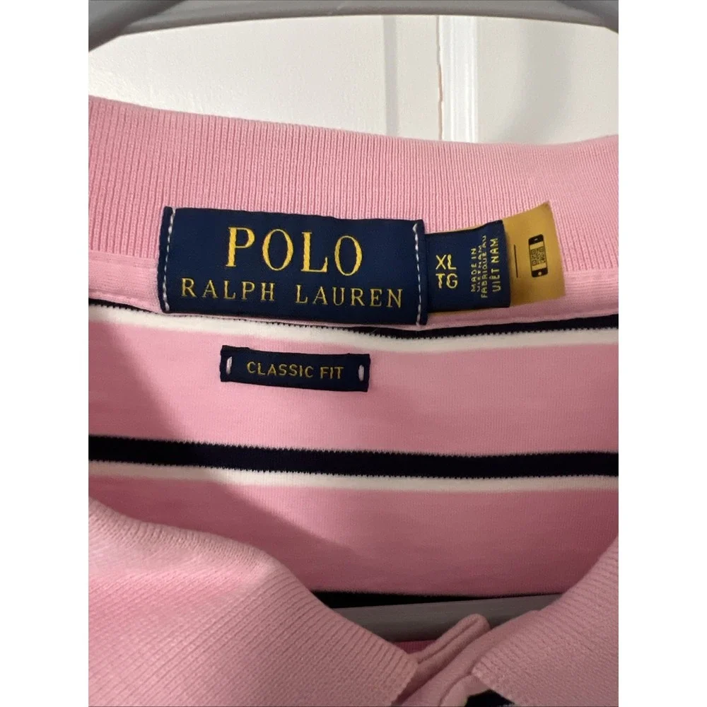 Ralph Lauren Polo Golf Shirt Mens XL Pink Striped Black Classic Fit Small Stain